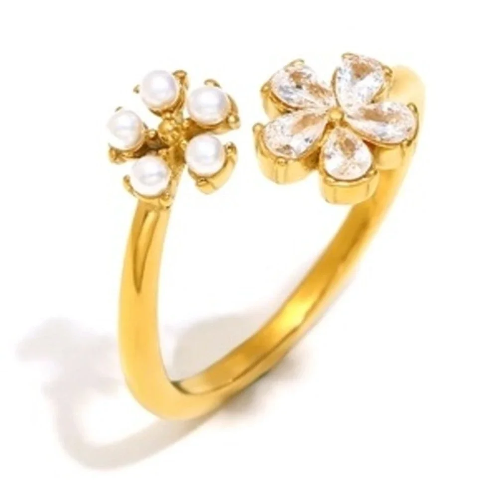 18K Gold Plated‎ Stainless Steel Floral Bypass Ring Pearl Cubic Zirconia Flower